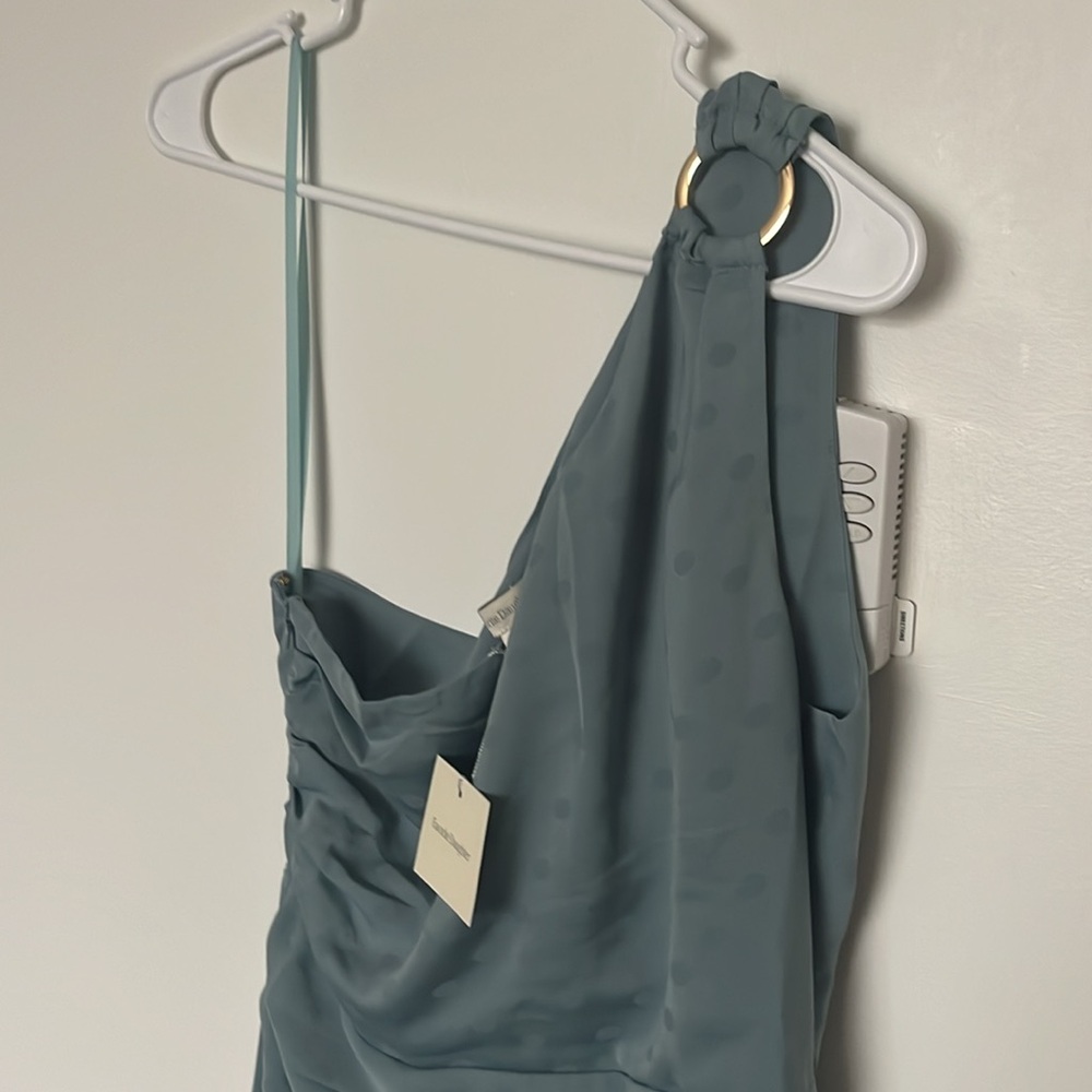 Favorite Daughter The Singles Table Blue Slate Polka Dot One-Shoulder Dress, new - Picture 4 of 9